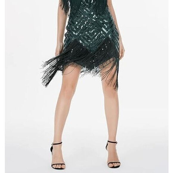 ✨💚 Flapper Great Gatsby 1920s Retro Tassel Fringe Sequin Green Dress S NEW - Picture 14 of 17